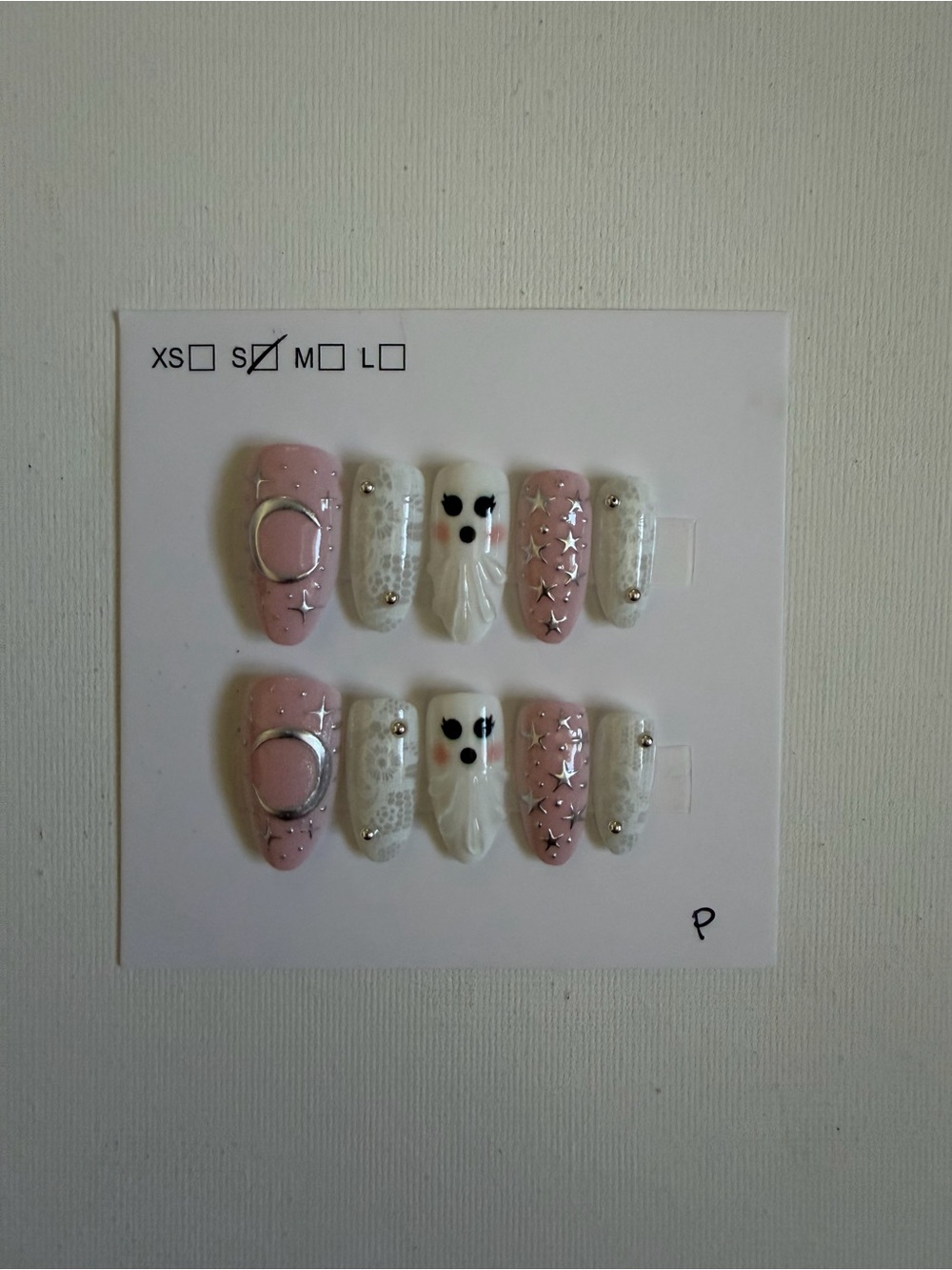 NEW Pink & White Ghost Accent Press-On Nail Set Size Small💕🎃